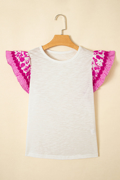 Floral Patchwork Flutter Sleeve Ricrac Trim Blouse