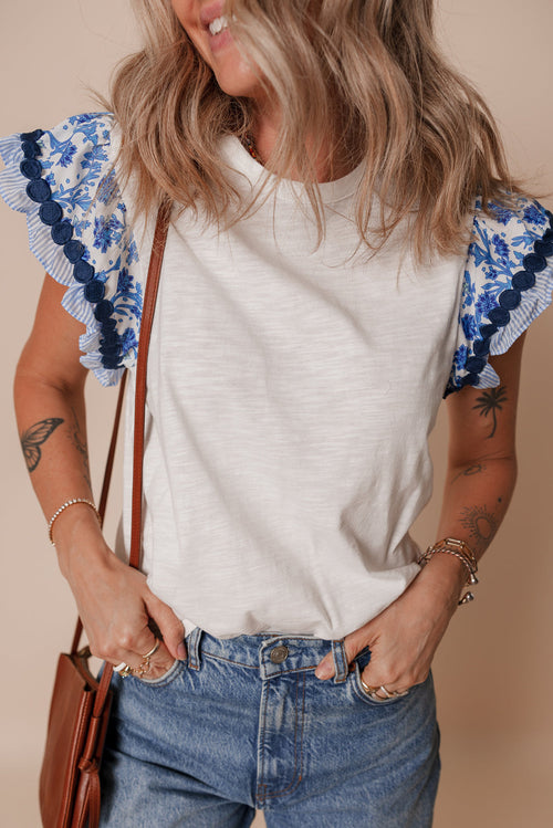 Floral Patchwork Flutter Sleeve Ricrac Trim Blouse