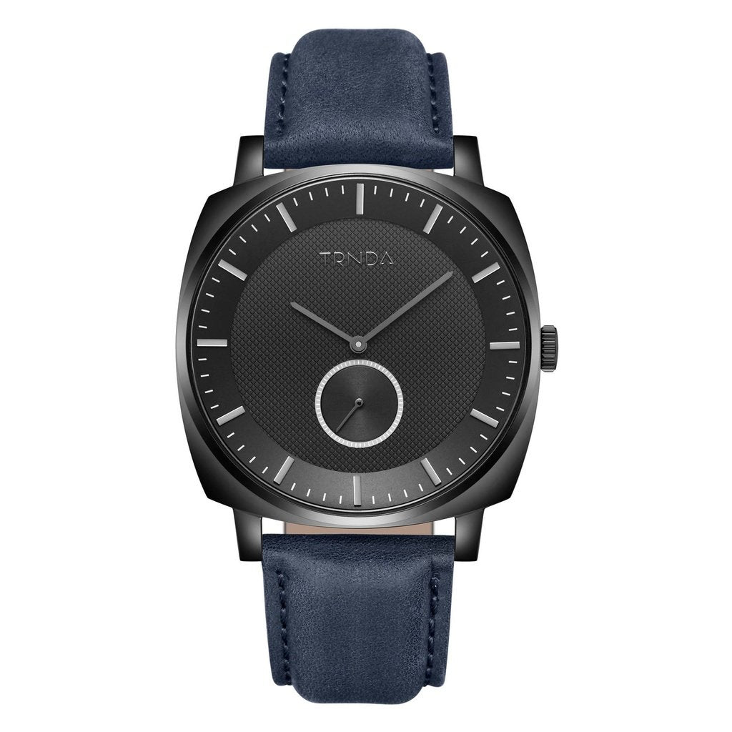 Trnda Men's Black Stainless Steel Watch, Blue Leather Band | Trndbk45
