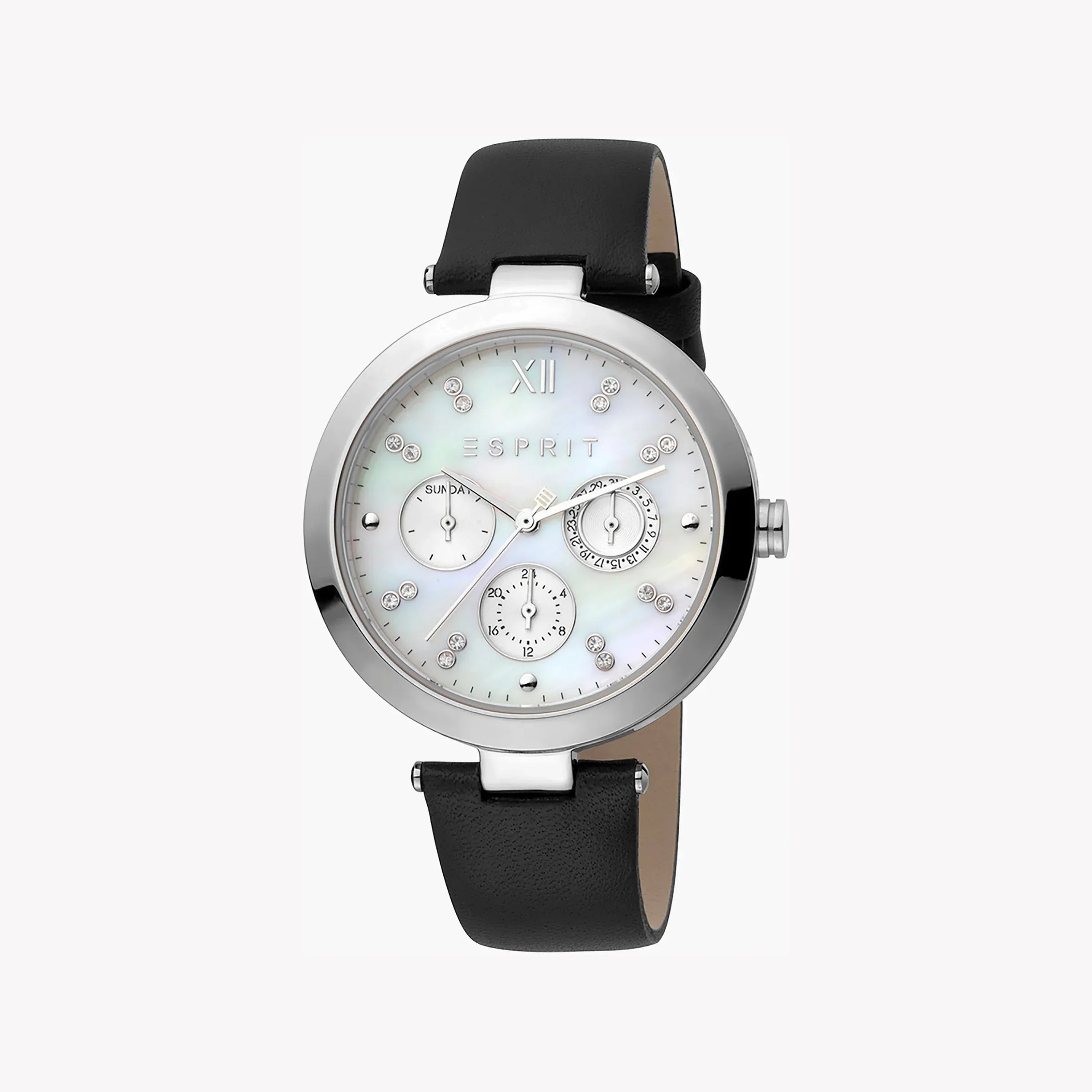 Esprit Women's Black Leather Watch, White Mother Of Pearls Dial | Es1l193m0025
